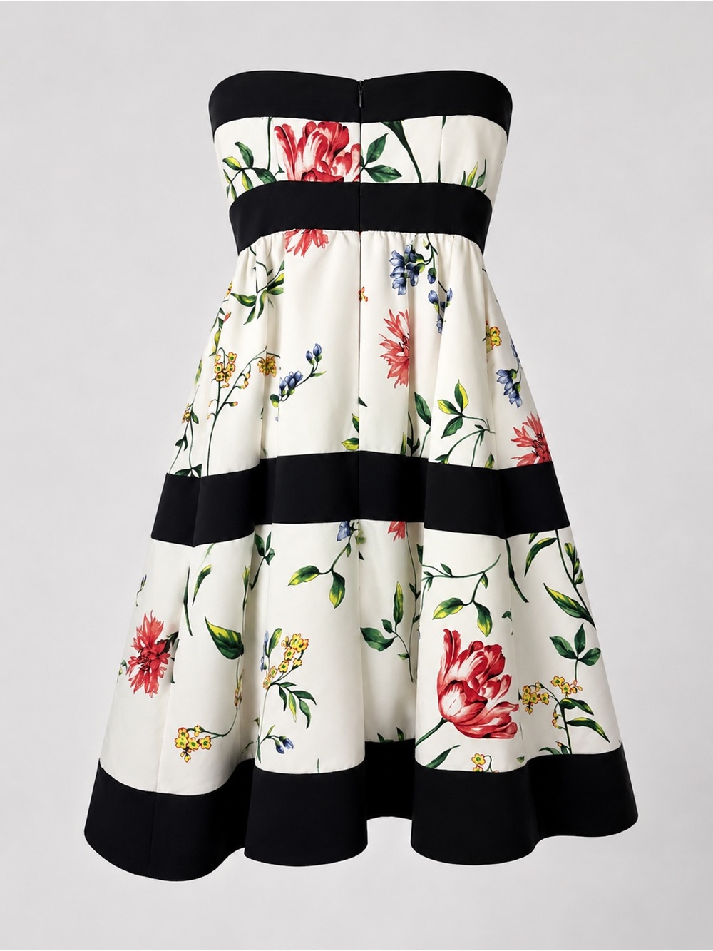 White House Black Market Strapless Floral Fit-and-Flare Dress in White and Black - Picture 2 of 3